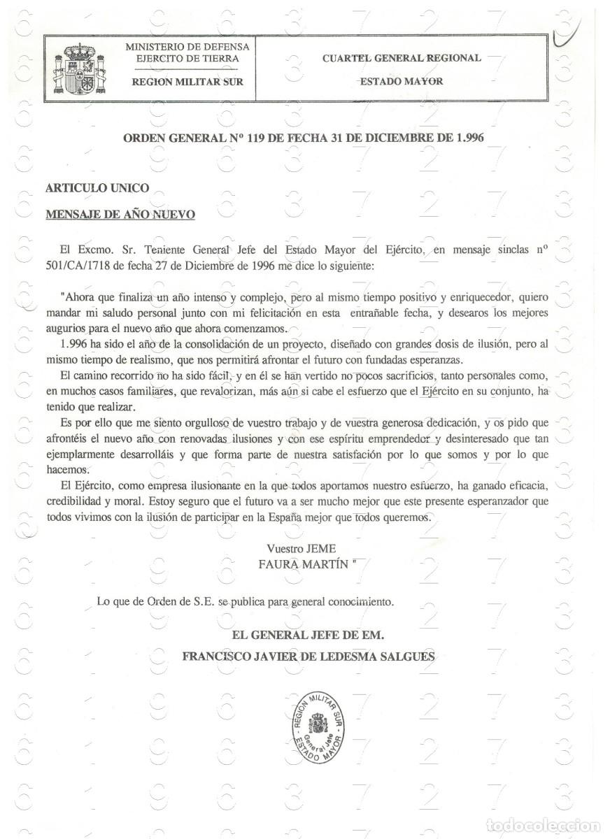 Militaria: GENERAL FRANCISCO JAVIER LEDESMA SALGUES MENSAJE A&Ntilde;O NUEVO CARTA 1996 1 HOJA M42