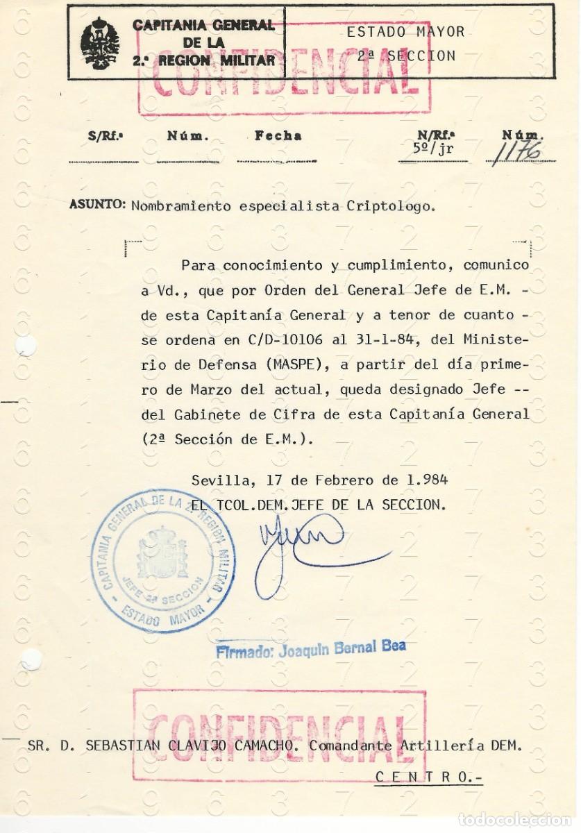 Militaria: CRIPTOLOGO NOMBRAMIENTO teniente coronel JOAQUIN BERNAL BEA 1990 1 HOJA M43