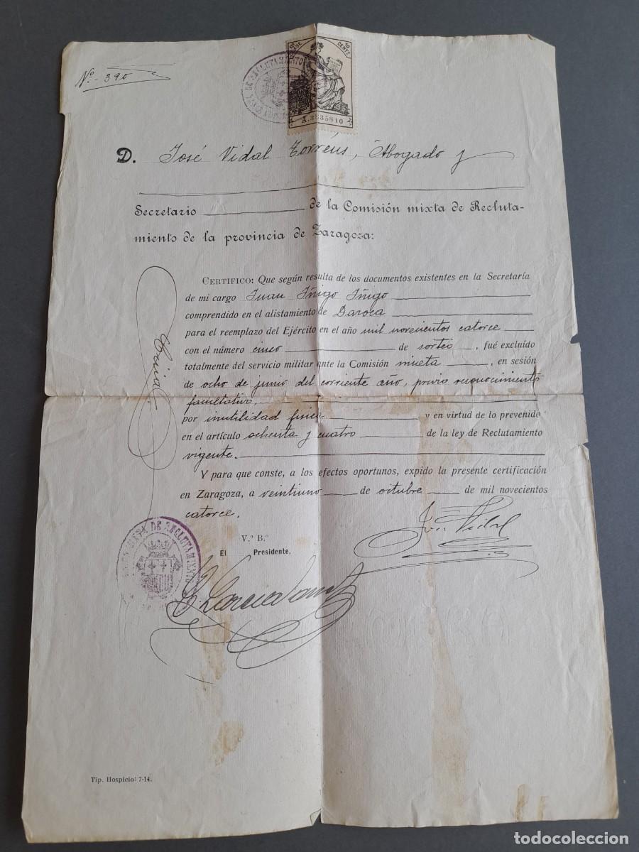 Militaria: Certificado exclusi&oacute;n servicio militar , daroca 1914