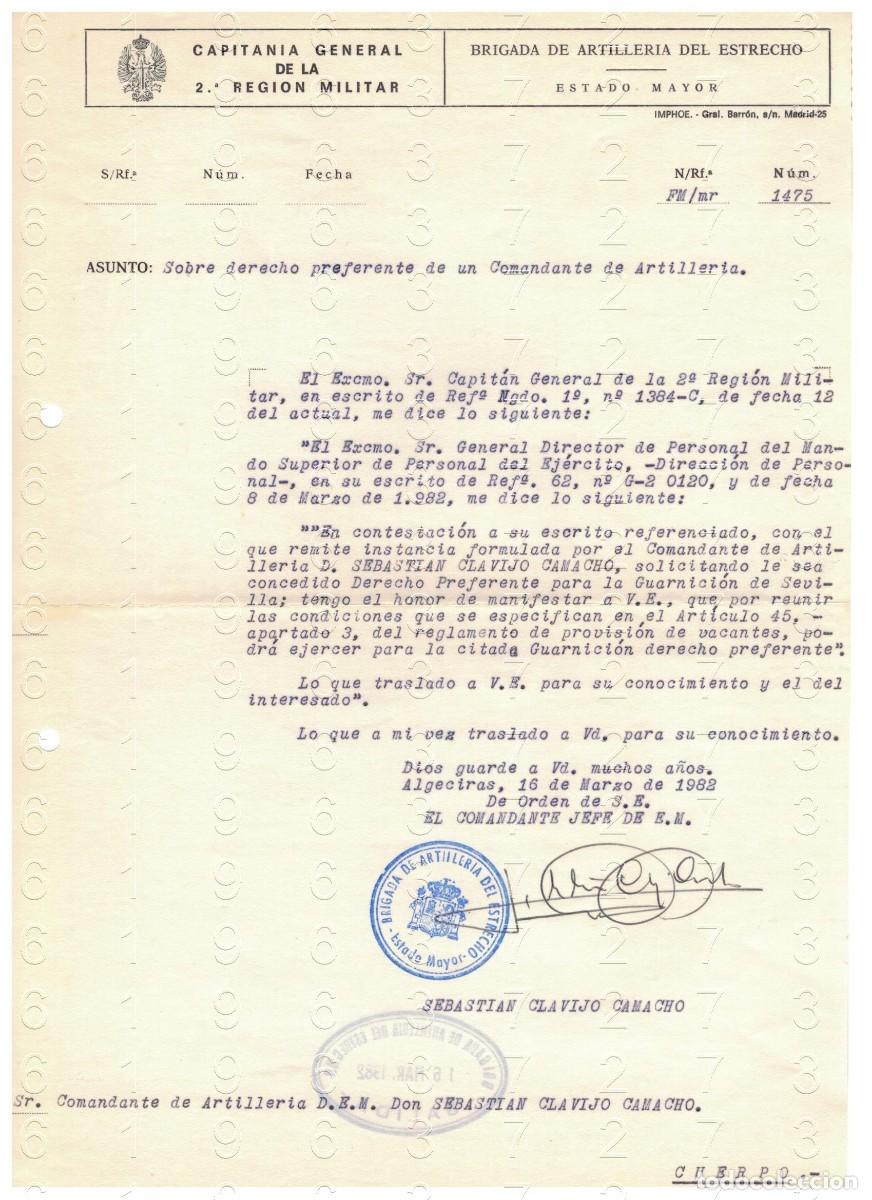 Militaria: COMANDANTE ARTILLERIA SEBASTIAN CLAVIJO DERECHO PREFERENTE 1982 CARTA M44