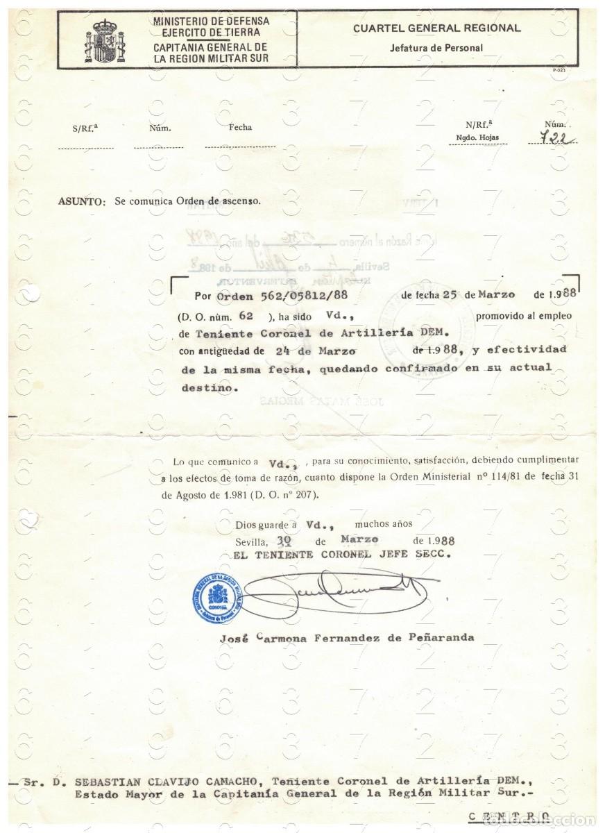 Militaria: TENIENTE CORONEL JOSE CARMONA FERNANDEZ DE PE&Ntilde;ARANDA 1988 CARTA 1 HOJA M44