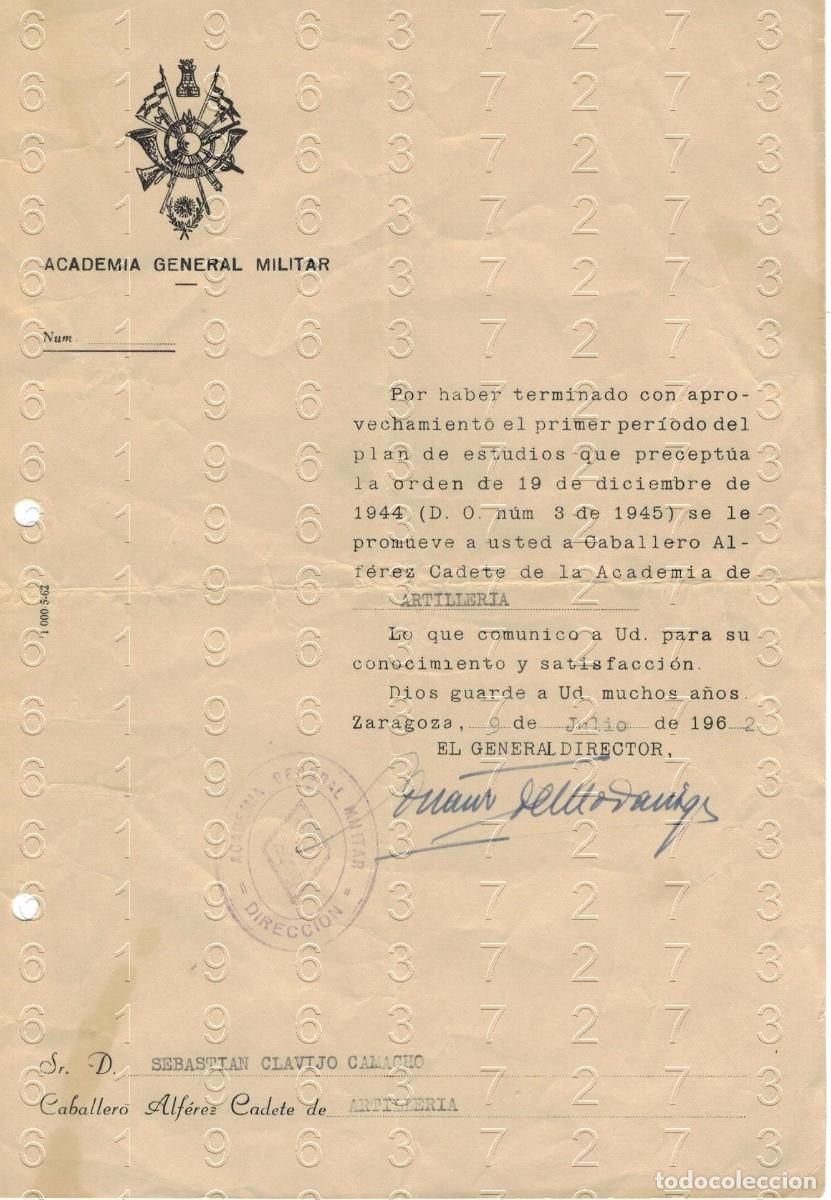 Militaria: GENERAL ACADEMIA DE ARTILLERIA DIRECTOR ASCENSO CADETE 1962 CARTA 1 HOJA M44