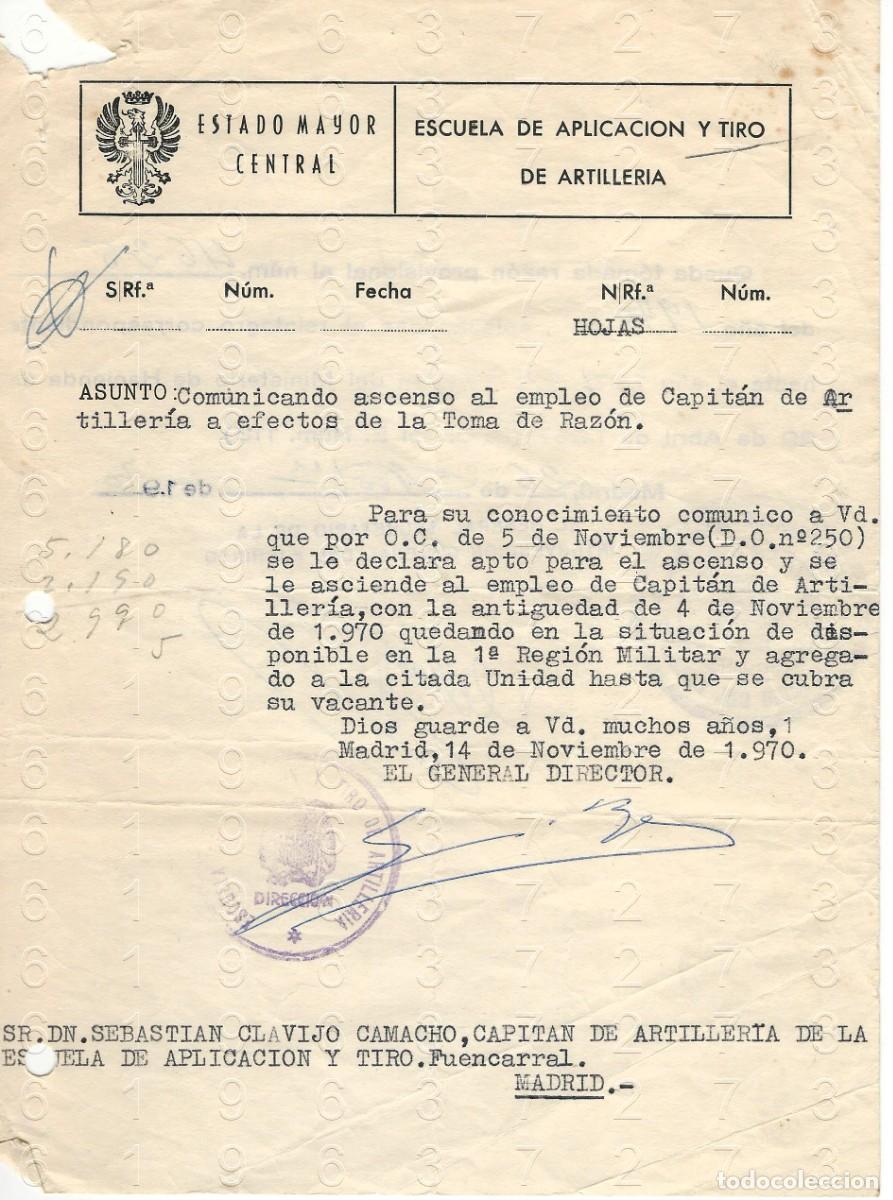 Militaria: GENERAL DIRECTOR ESCUELA ARTILLERIA ASCENSO A CAPITAN 1970 CARTA 1 HOJA M44
