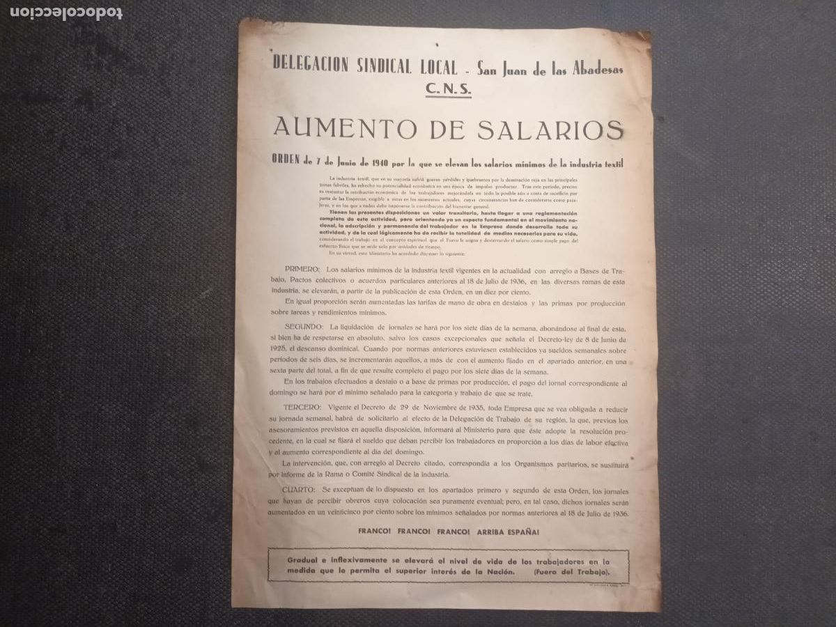 Military Antiques: DELEGACI&Oacute;N SINDICAL LOCAL SAN JUAN DE LAS ABADESAS CNS 1940. FRANCO ARRIBA ESPA&Ntilde;A. JUAN. SALARIOS
