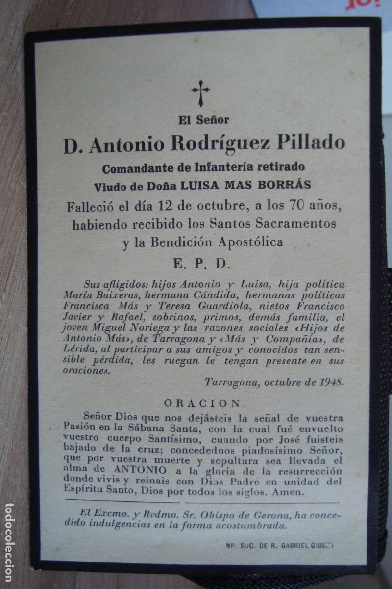 Militaria: RECUERDO FUNERAL. D. ANTONIO RODRIGUEZ PILLADO. COMANDANTE INFANTERIA. TARRAGONA 1948.