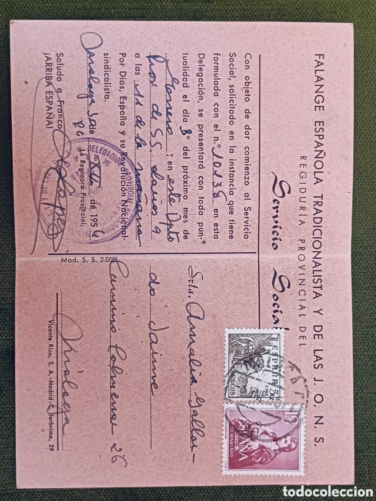 Militaria: CARNET FALANGE ESPA&Ntilde;OLA TRADICIONALISTA Y DE LAS JONS. SERVICIO SOCIAL . MALAGA