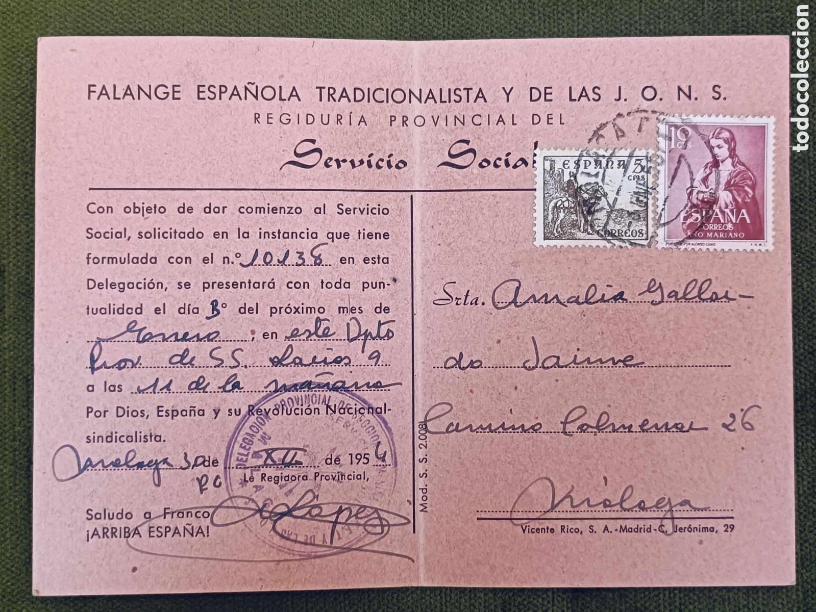 Militaria: CARNET FALANGE ESPA&Ntilde;OLA TRADICIONALISTA Y DE LAS JONS. SERVICIO SOCIAL . MALAGA