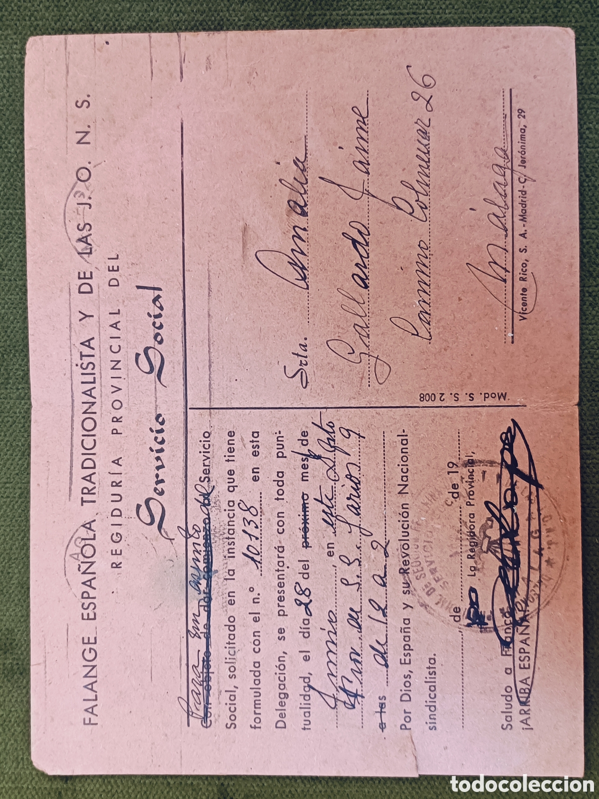 Militaria: CARNET FALANGE ESPA&Ntilde;OLA TRADICIONALISTA Y DE LAS JONS. SERVICIO SOCIAL . MALAGA