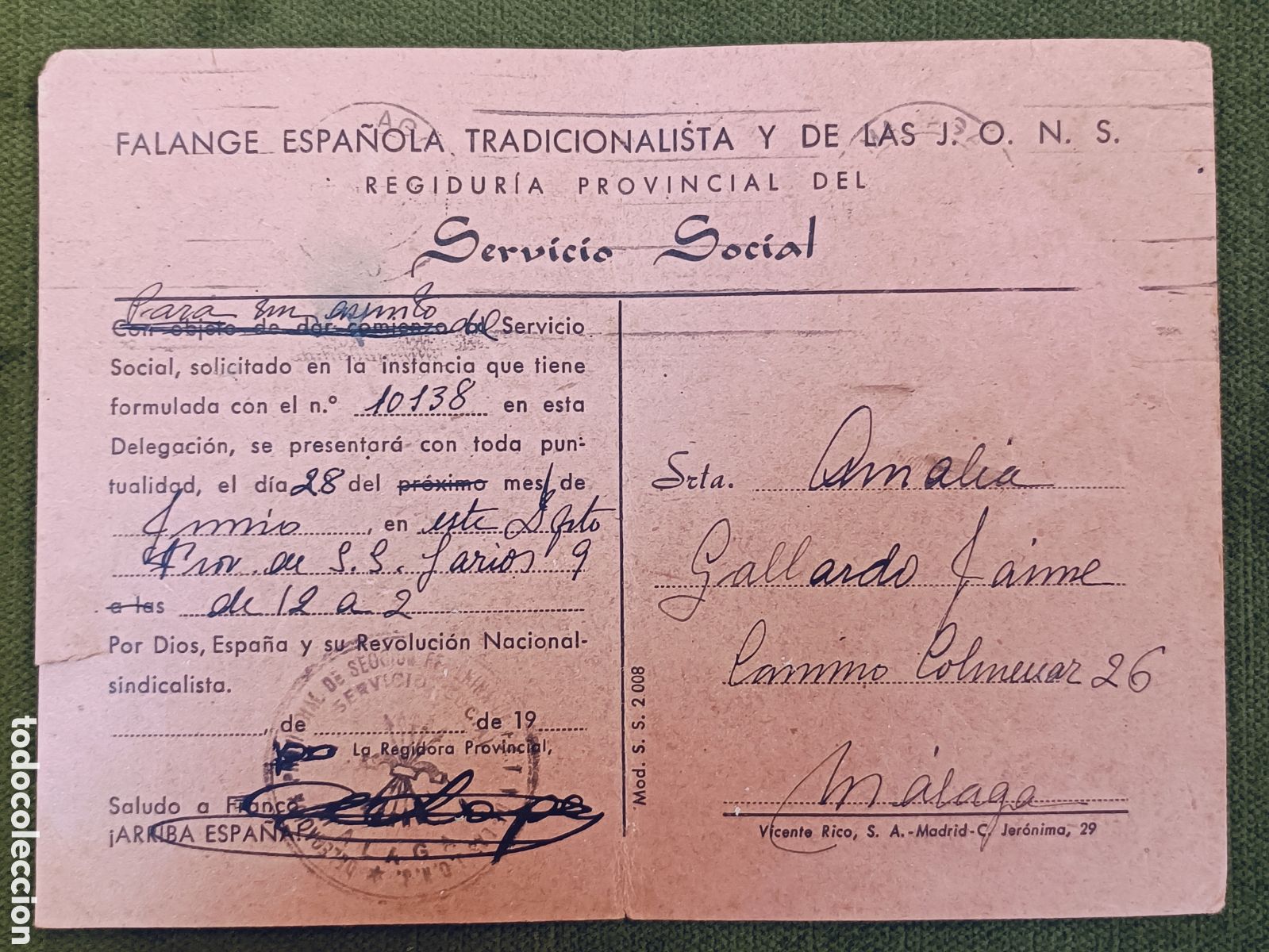 Militaria: CARNET FALANGE ESPA&Ntilde;OLA TRADICIONALISTA Y DE LAS JONS. SERVICIO SOCIAL . MALAGA