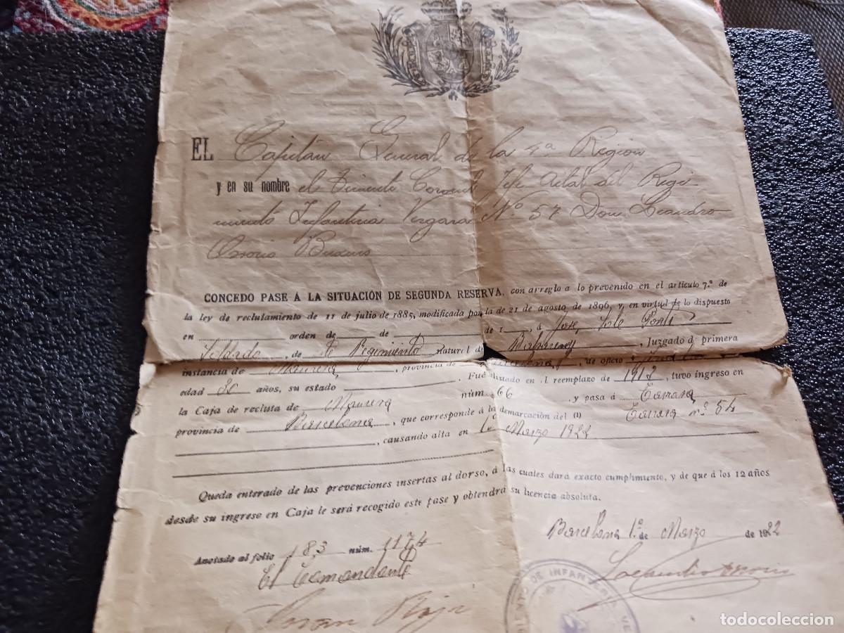 Militaria: regimiento vergara 57, concede pase a la segunda reserva, barcelona 1922