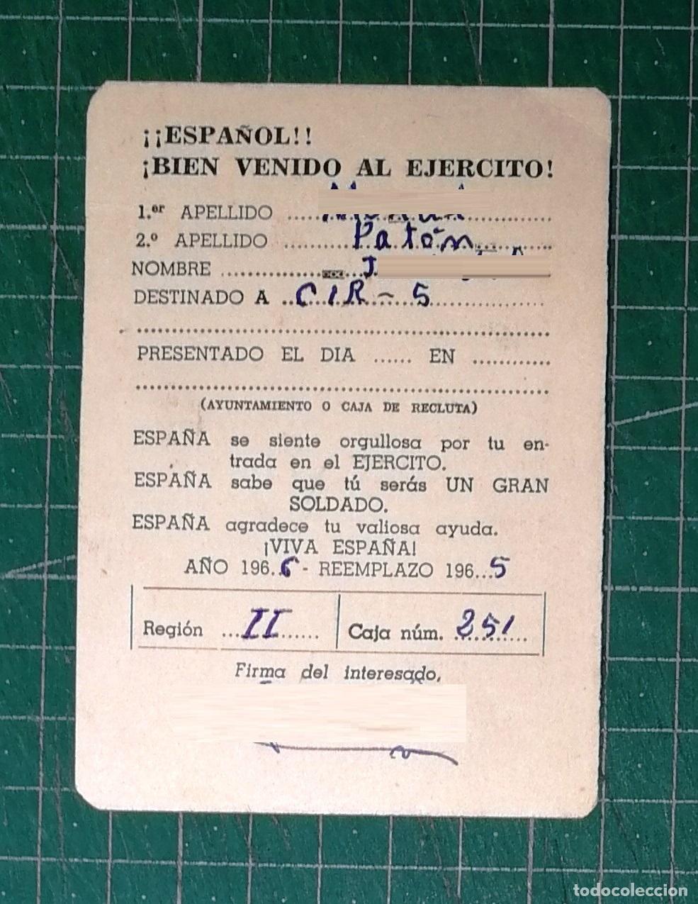 Militaria: TARJETA, FICHA... ESPA&Ntilde;OL, BIEN VENIDO [BIENVENIDO] AL EJ&Eacute;RCITO. 1966. - CIR 5. REGI&Oacute;N II, CAJA 251