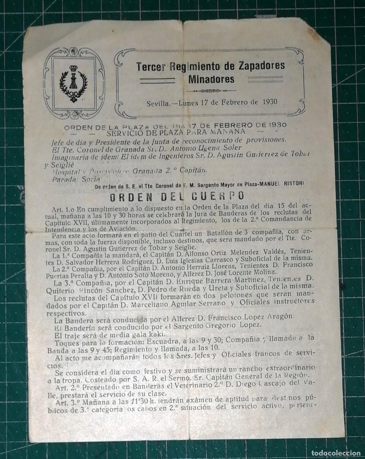 Militaria: HOJA. ORDEN DE LA PLAZA DEL D&Iacute;A 17 FEBRERO 1930, Sevilla / Tercer Regimiento de Zapadores Minadores