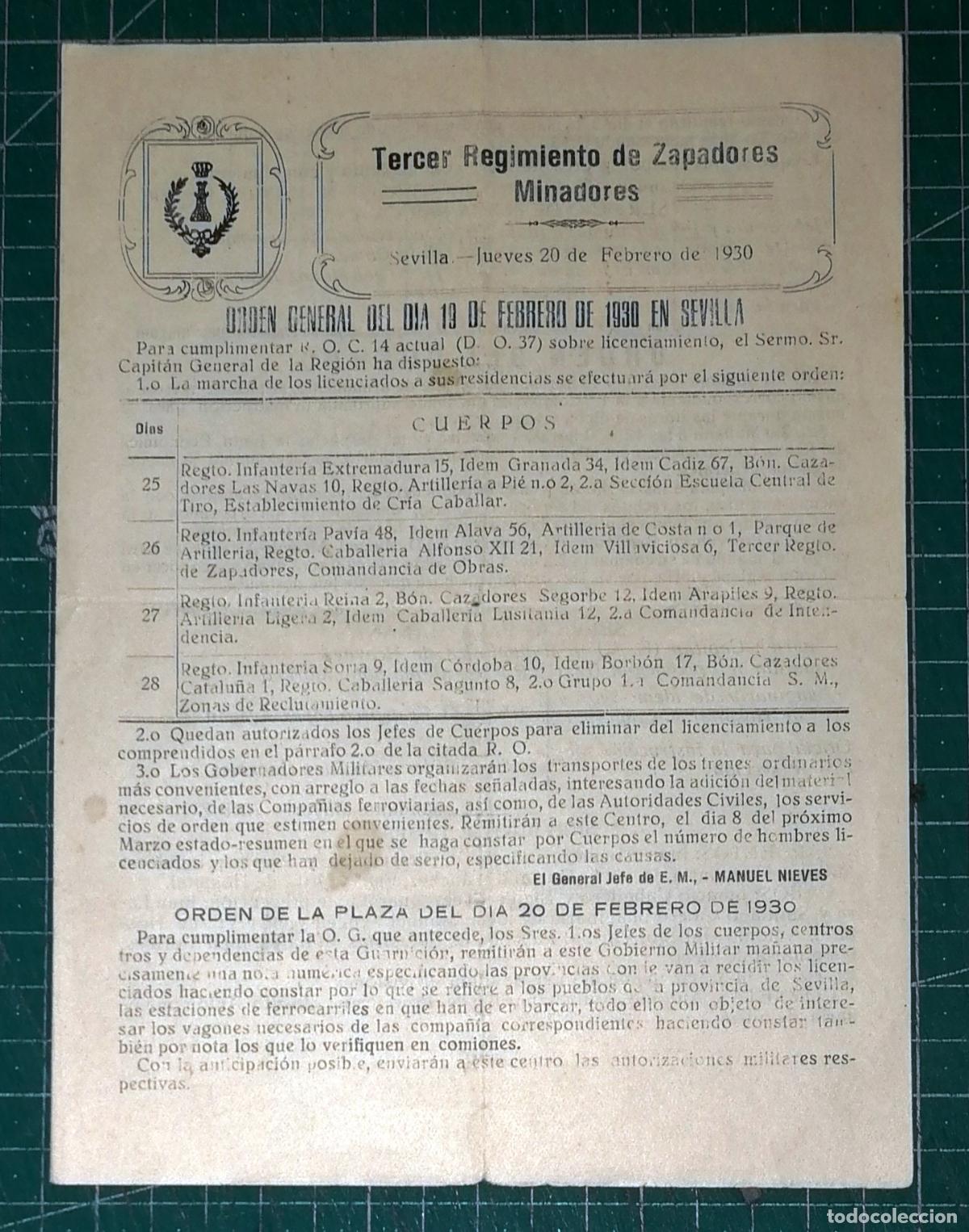 Militaria: HOJA. ORDEN GENERAL D&Iacute;A 19 FEBRERO 1930; ORDEN PLAZA 20 FEBRERO Sevilla / Tercer Regimiento Zapadore