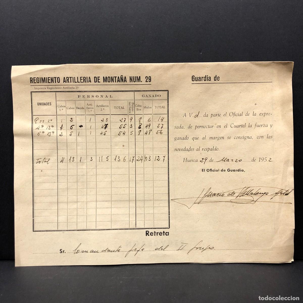 Militaria: REGIMIENTO ARTILLERIA DE MONTA&Ntilde;A NUM. 29 - HUESCA - 1952 - DOCUMENTO MILITAR / 496