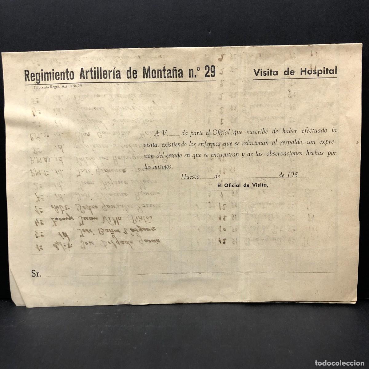 Militaria: REGIMIENTO ARTILLERIA DE MONTA&Ntilde;A NUM. 29 - HUESCA - VISITA DE HOSPITAL - DOCUMENTO MILITAR / 498