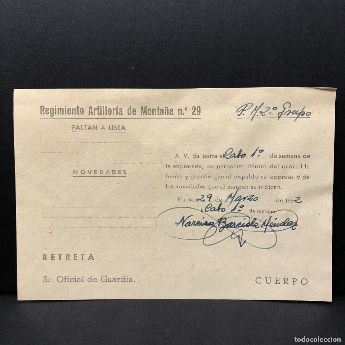 Militaria: REGIMIENTO ARTILLERIA DE MONTA&Ntilde;A NUM. 29 - HUESCA - 1952- DOCUMENTO MILITAR / 499