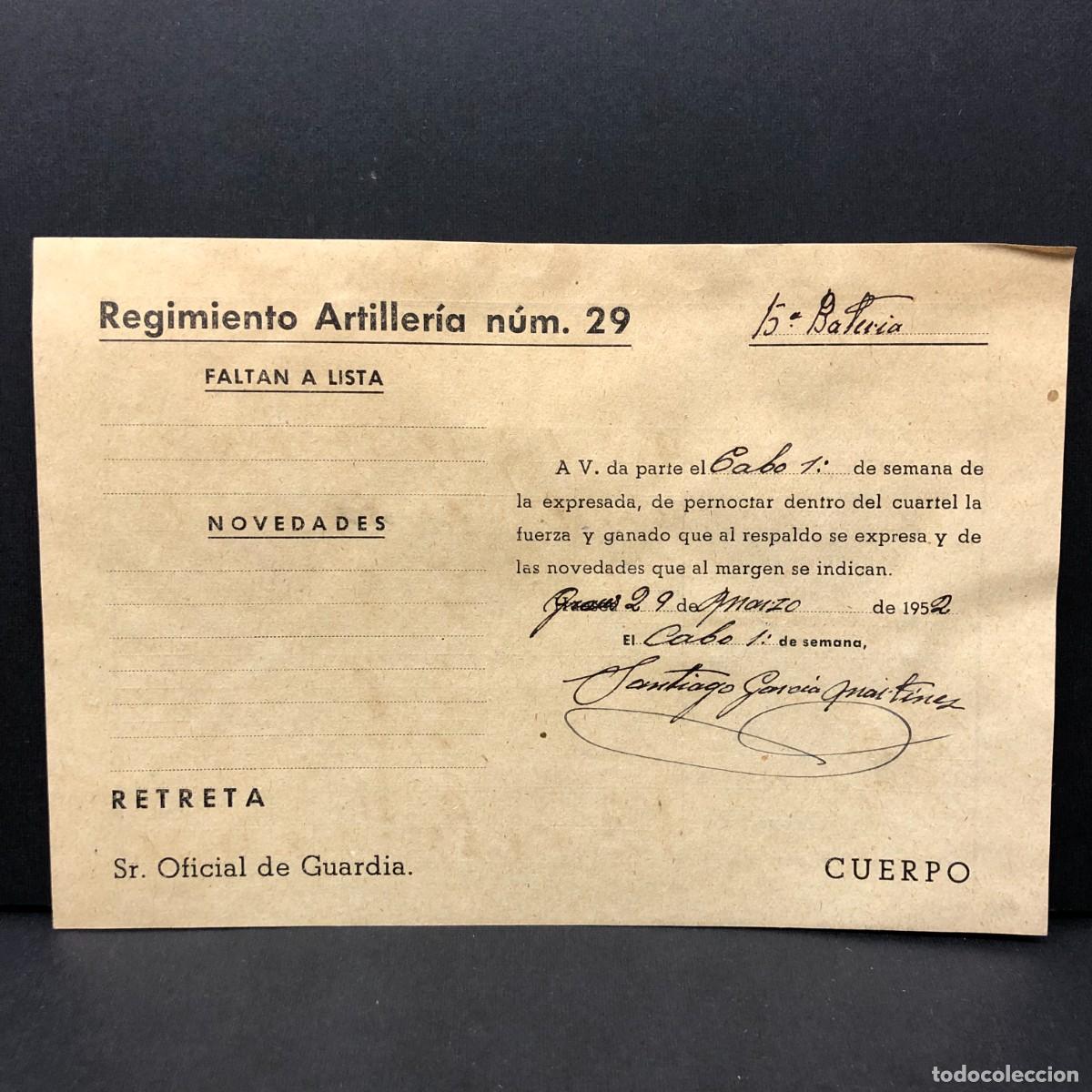Militaria: REGIMIENTO ARTILLERIA DE MONTA&Ntilde;A NUM. 29 - HUESCA - 1952- DOCUMENTO MILITAR / 500