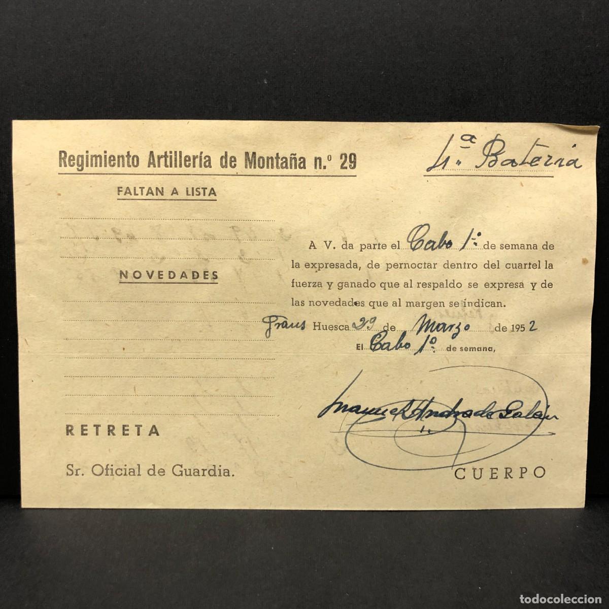 Militaria: REGIMIENTO ARTILLERIA DE MONTA&Ntilde;A NUM. 29 - HUESCA - 1952- DOCUMENTO MILITAR / 501