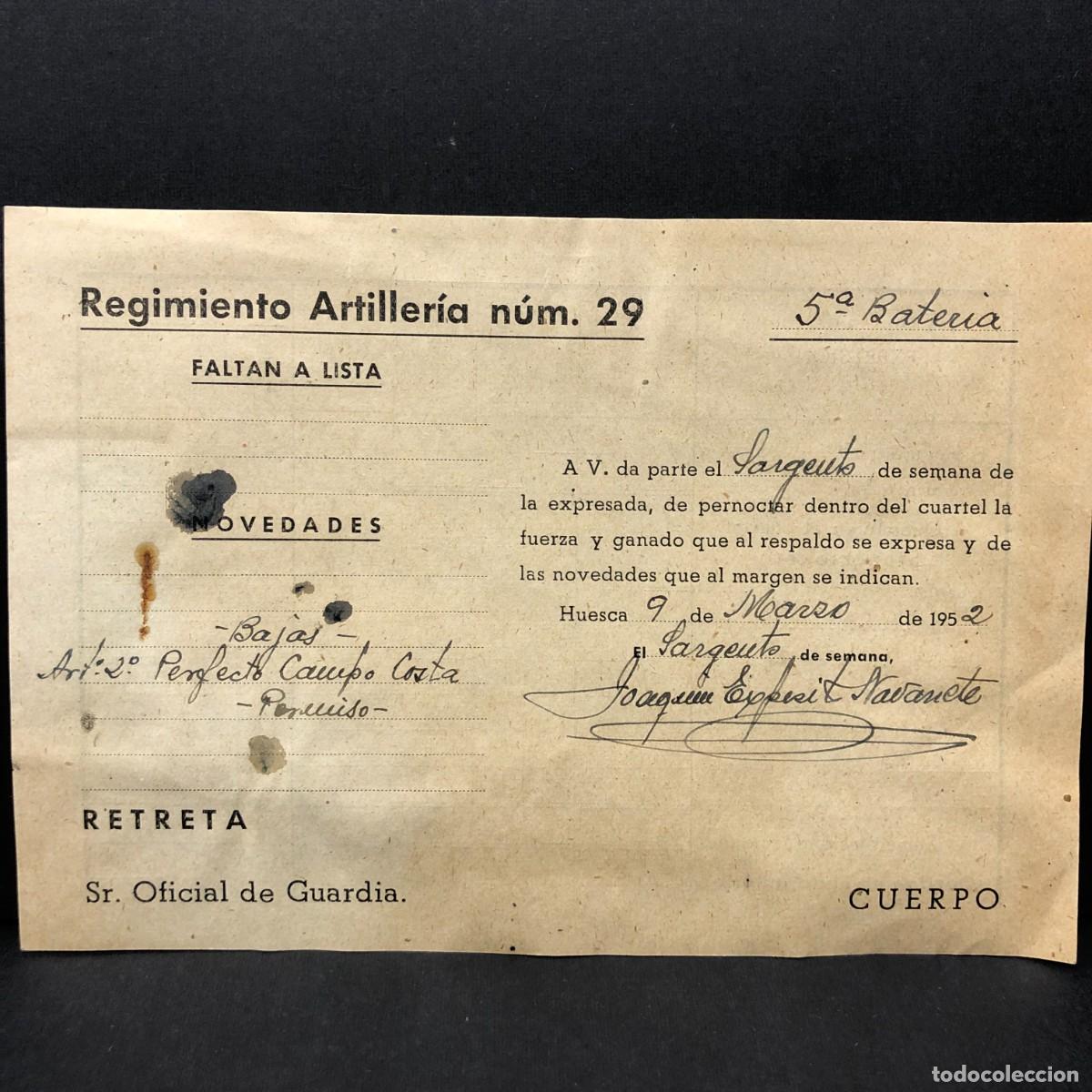Militaria: REGIMIENTO ARTILLERIA DE MONTA&Ntilde;A NUM. 29 - HUESCA - 1952- DOCUMENTO MILITAR / 502