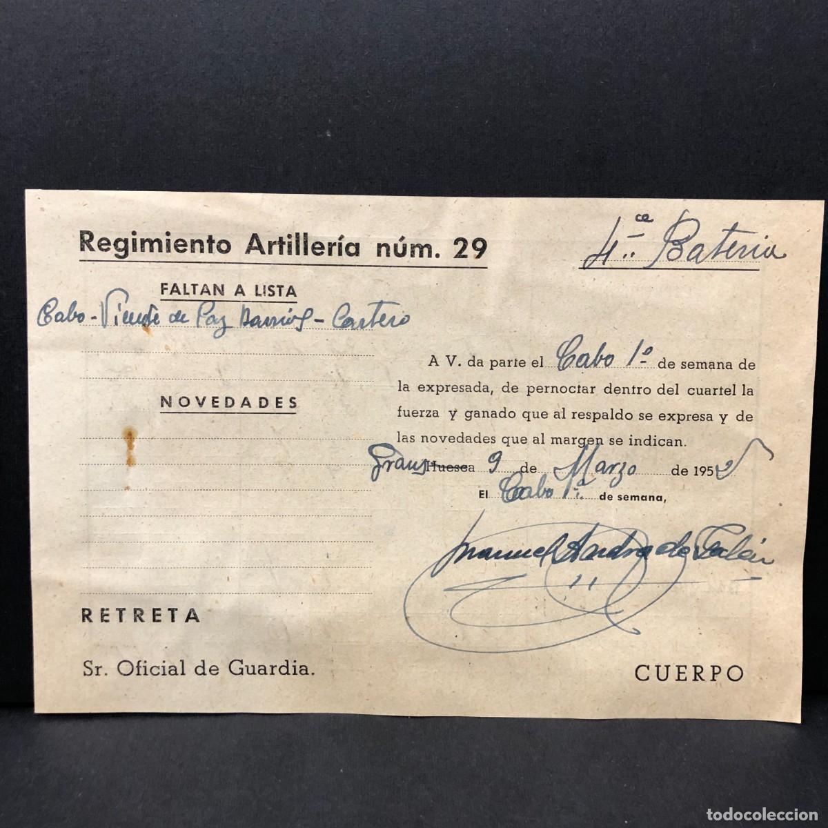 Militaria: REGIMIENTO ARTILLERIA DE MONTA&Ntilde;A NUM. 29 - HUESCA - 1952- DOCUMENTO MILITAR / 503