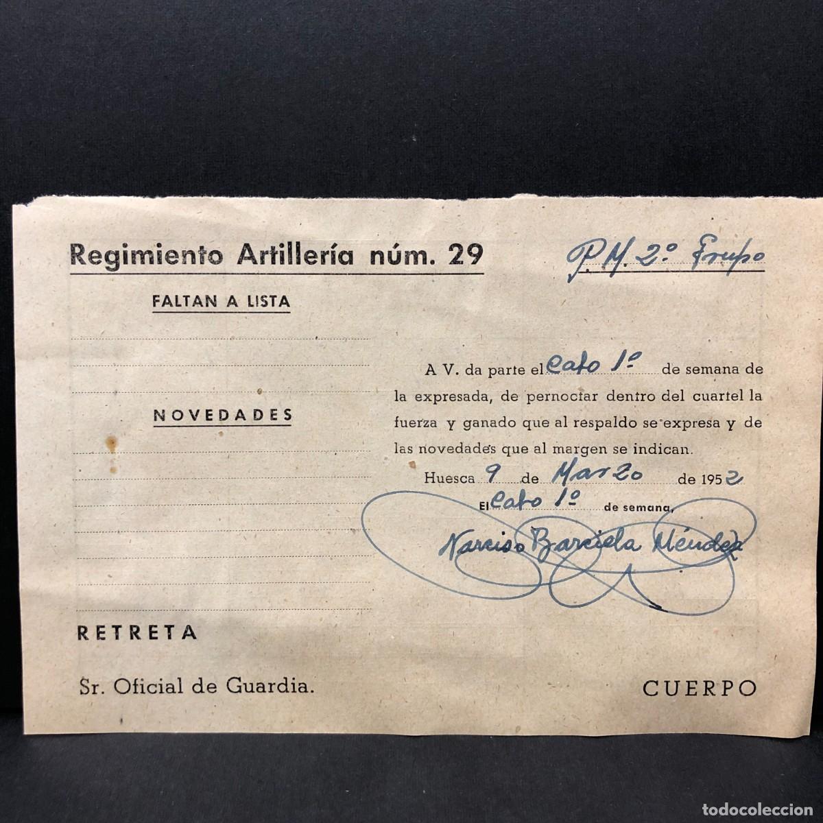 Militaria: REGIMIENTO ARTILLERIA DE MONTA&Ntilde;A NUM. 29 - HUESCA - 1952- DOCUMENTO MILITAR / 504