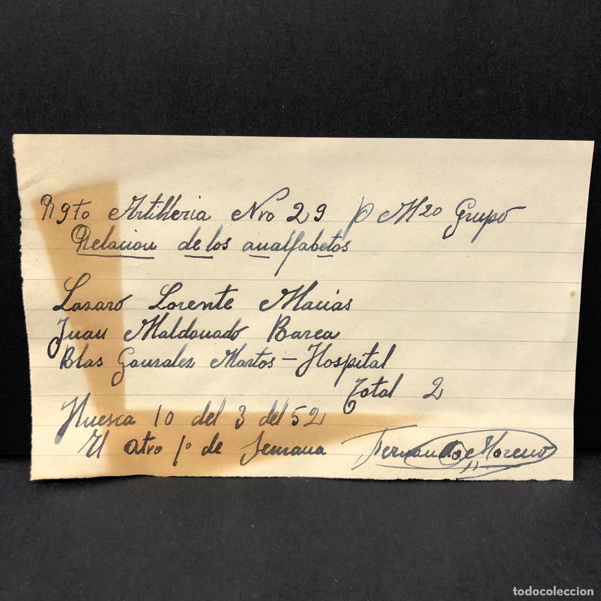 Militaria: REGIMIENTO ARTILLERIA DE MONTA&Ntilde;A NUM. 29 - RELACI&Oacute;N ANALFABETOS - HUESCA - DOCUMENTO MILITAR / 507