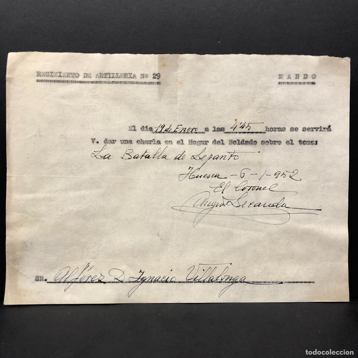 Militaria: REGIMIENTO ARTILLERIA DE MONTA&Ntilde;A NUM. 29 - 1952 - HUESCA - DOCUMENTO MILITAR / 510