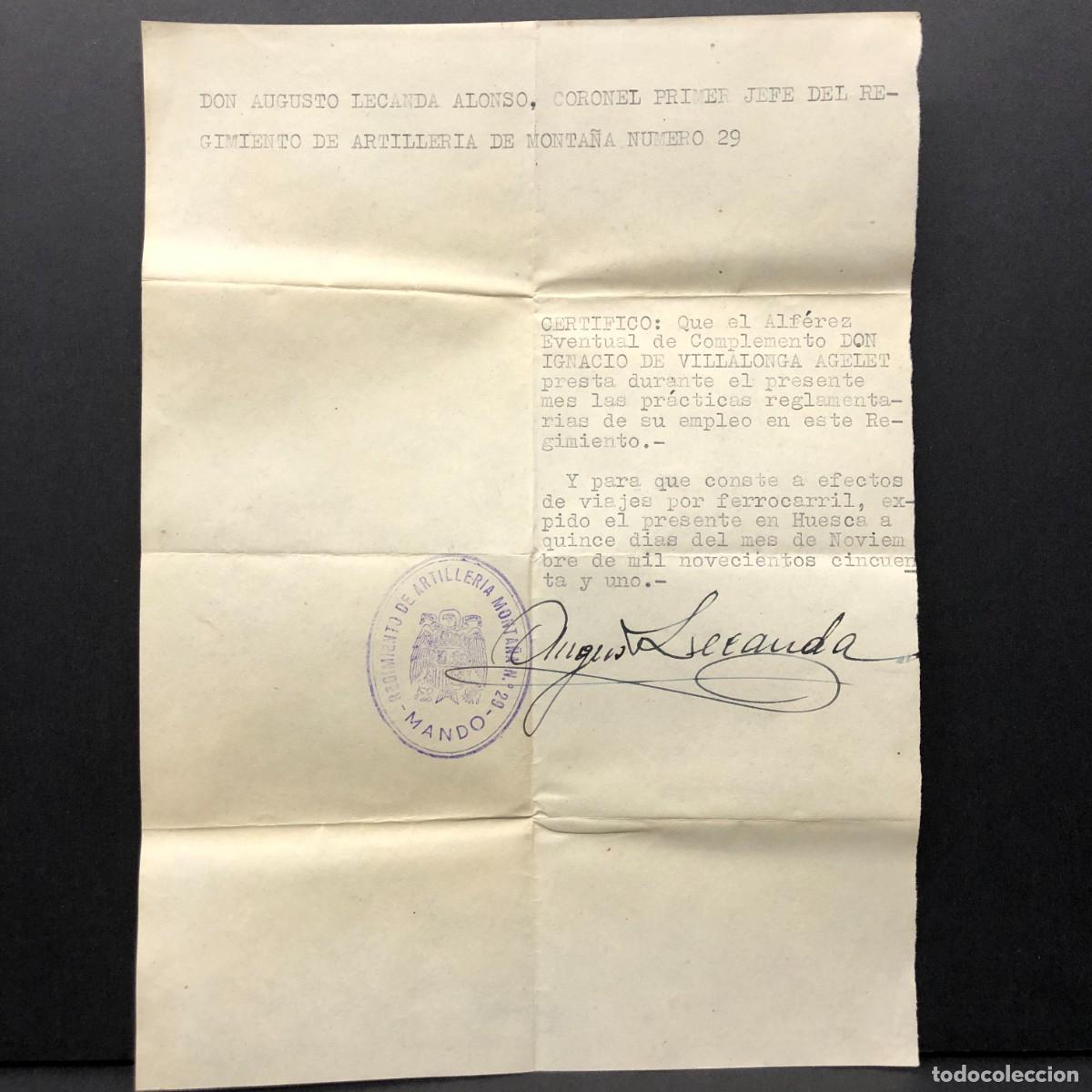Militaria: REGIMIENTO ARTILLERIA DE MONTA&Ntilde;A NUM. 29 - HUESCA - CERTIFICADO - DOCUMENTO MILITAR / 533