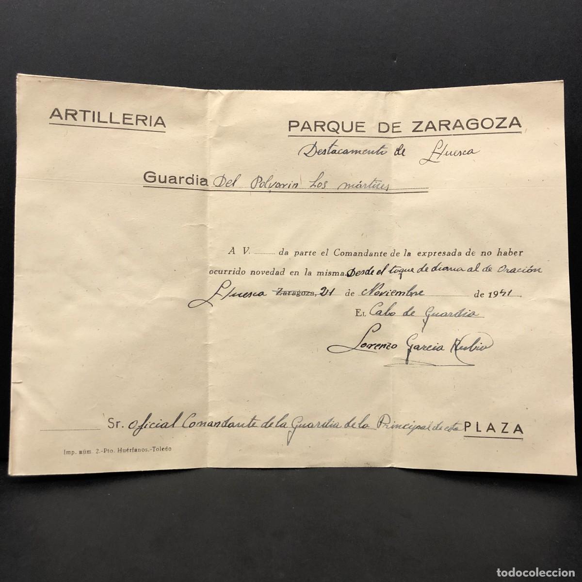 Militaria: ARTILLERIA - PARQUE DE ZARAGOZA - DESTACAMENTO DE HUESCA - DOCUMENTACI&Oacute;N MILITAR / 574