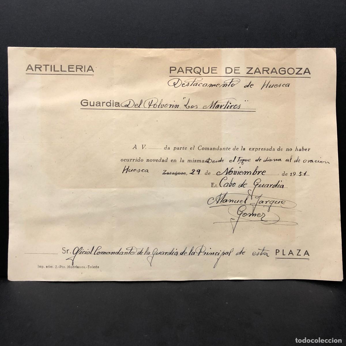 Militaria: ARTILLERIA - PARQUE DE ZARAGOZA - DESTACAMENTO DE HUESCA - GUARDIA POLVOR&Iacute;N LOS M&Aacute;RTIRES / 576