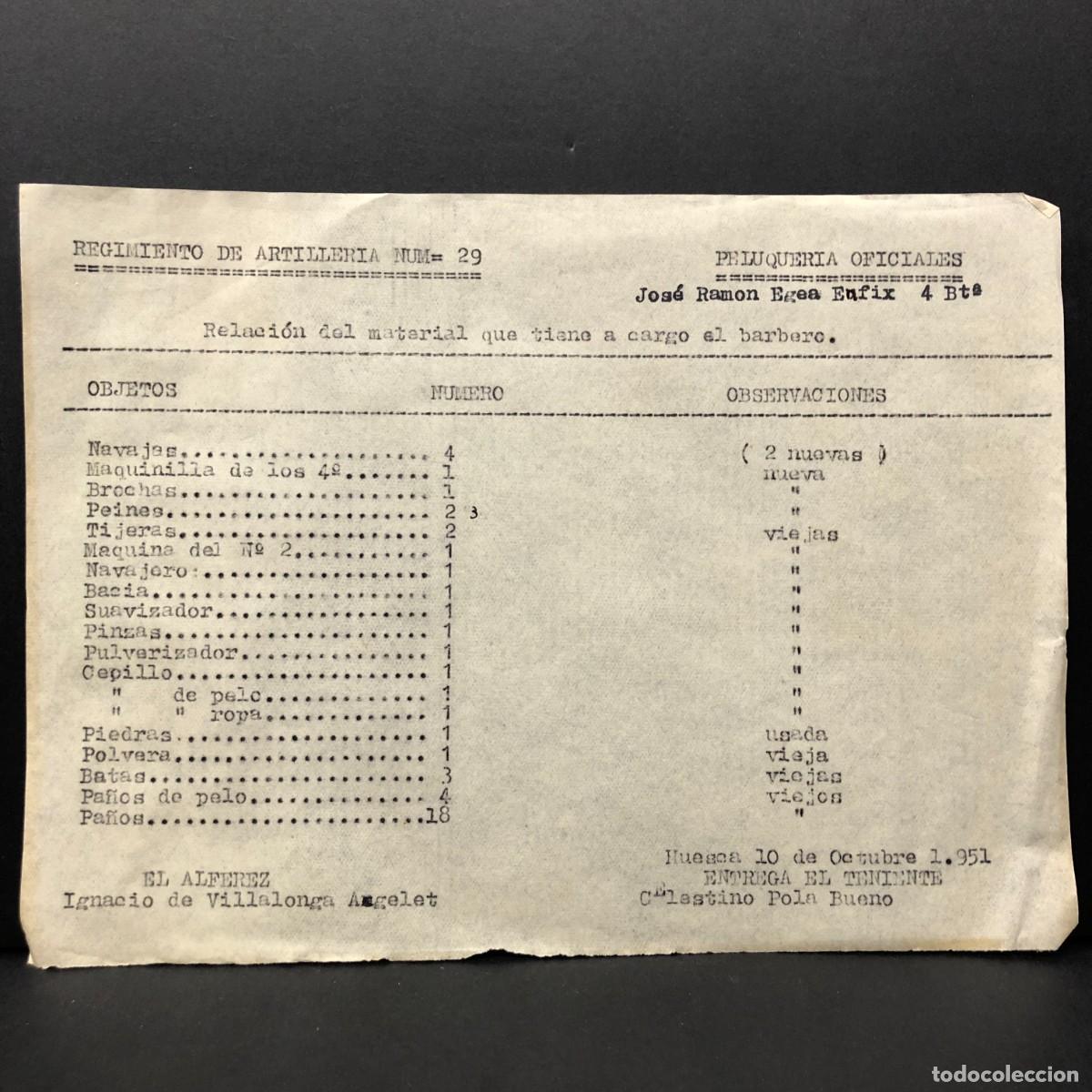 Militaria: REGIMIENTO ARTILLERIA DE MONTA&Ntilde;A NUM. 29 - HUESCA - RELACI&Oacute;N MATERIAL DEL BARBERO / 604