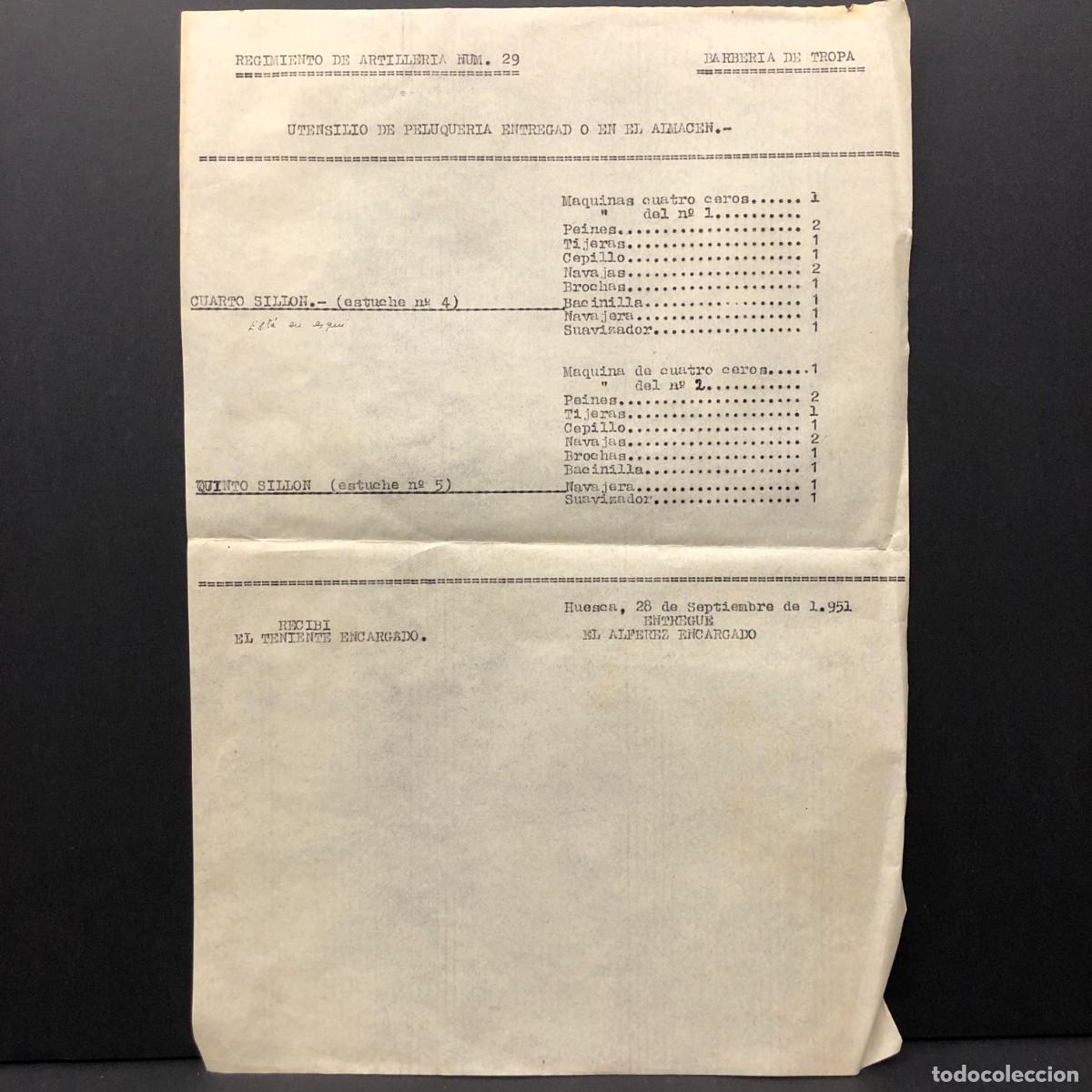 Militaria: REGIMIENTO ARTILLERIA DE MONTA&Ntilde;A NUM. 29 - HUESCA - RELACI&Oacute;N MATERIAL DEL BARBERO / 605