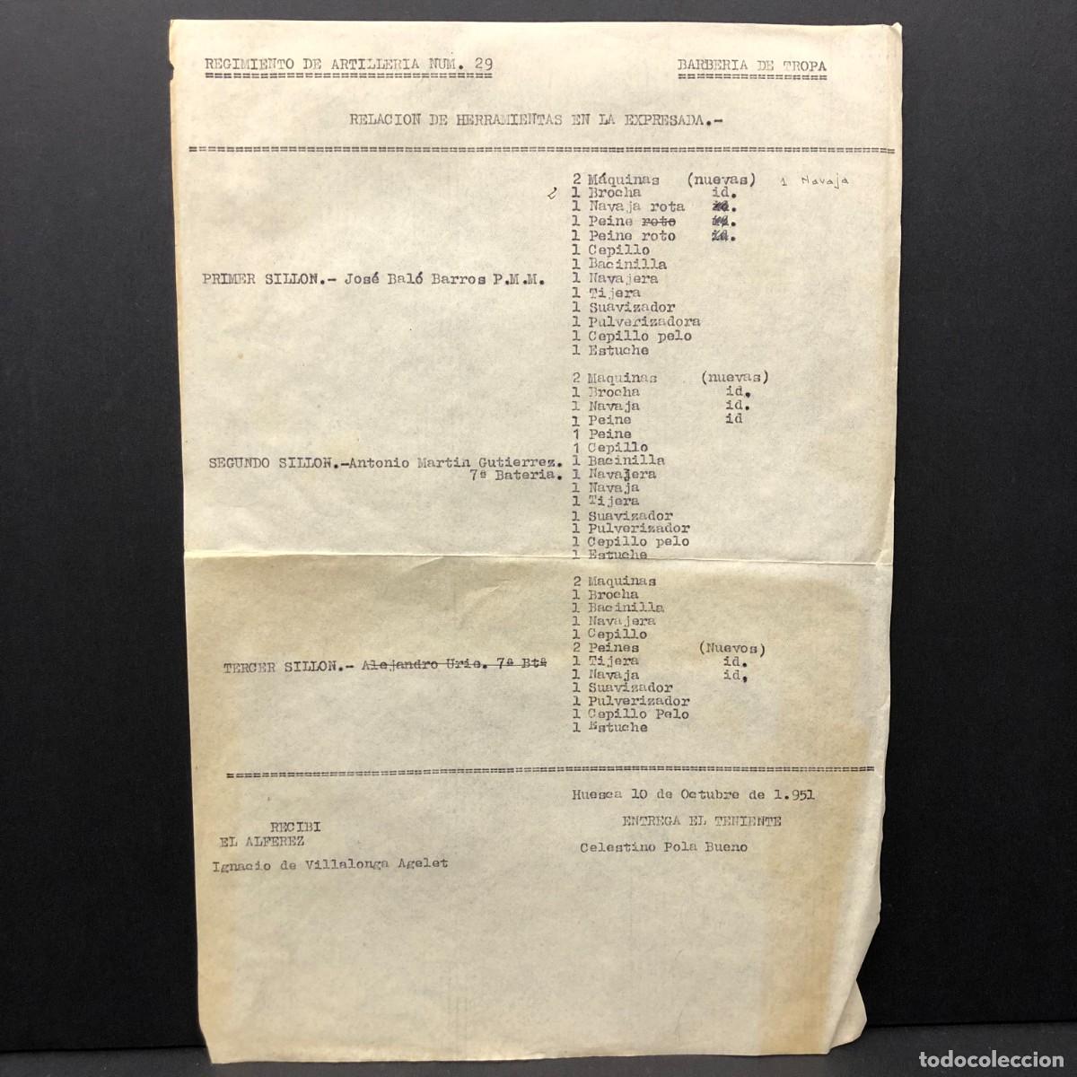 Militaria: REGIMIENTO ARTILLERIA DE MONTA&Ntilde;A NUM. 29 - HUESCA - RELACI&Oacute;N MATERIAL DEL BARBERO / 606