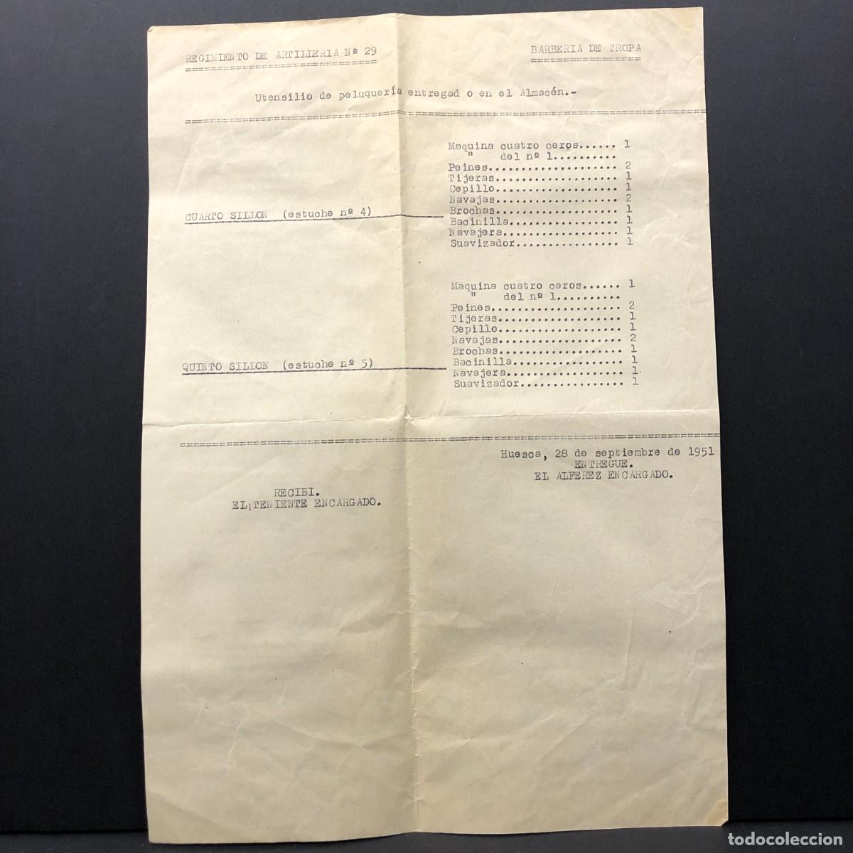 Militaria: REGIMIENTO ARTILLERIA DE MONTA&Ntilde;A NUM. 29 - HUESCA - RELACI&Oacute;N MATERIAL DEL BARBERO / 607
