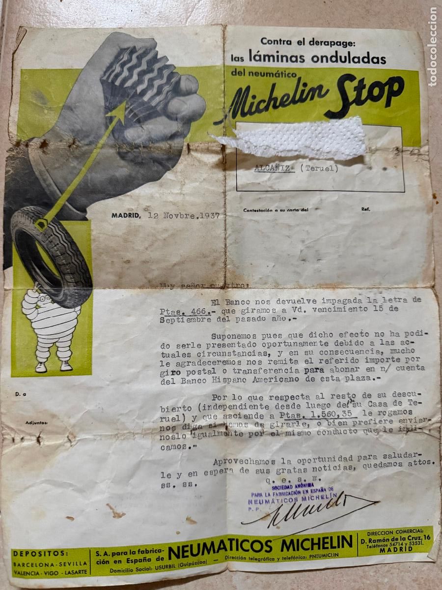 Militaria: Carta comercial michelin stop de Madrid Alca&ntilde;iz Teruel 1937