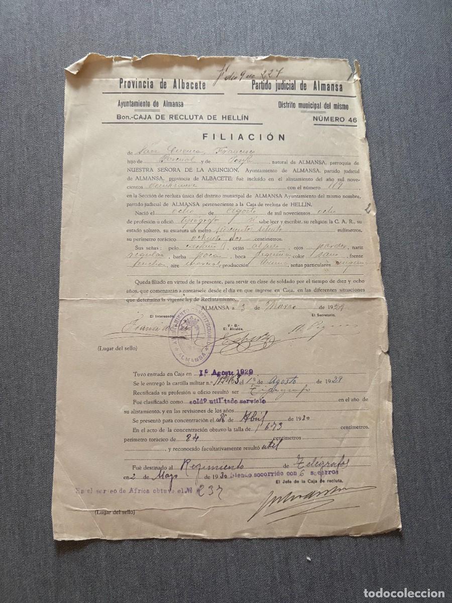 Militaria: HOJA DE FILIACION CAJA DE RECLUTA DE HELLIN 1929 DESTINO REGIMIENTO TELEGRAFOS. ALBACETE