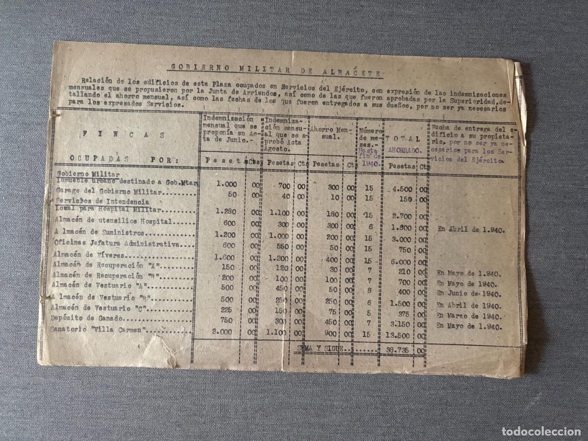 Militaria: GOBIERNO MILITAR ALBACETE. RELACION EDIFICIOS OCUPADOS EN SERVICIOS DEL EJERCITO DEVUELTOS EN 1940.