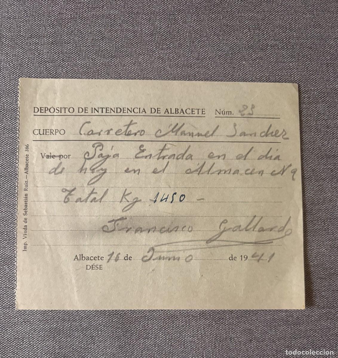 Militaria: DEPOSITO DE INTENDENCIA DE ALBACETE 1941. RECIBO DE ENTRADA DE PAJA EN EL ALMACEN.
