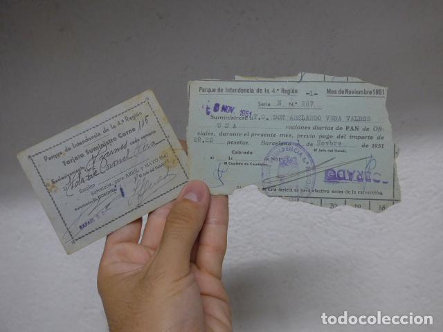 Militaria: Lote de 2 antiguo carnet tarjeta de suministro de carne y de pan, 4a region militar, 1947 y 1951
