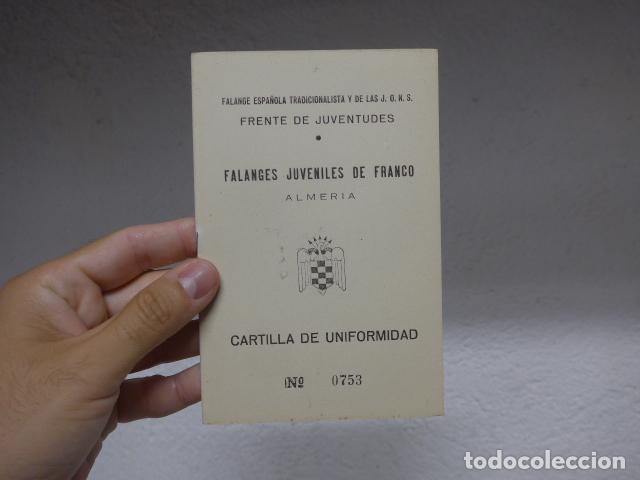 Militaria: Antigua cartilla de uniformidad de las Falanges Juveniles de Franco, Almeria, carnet.