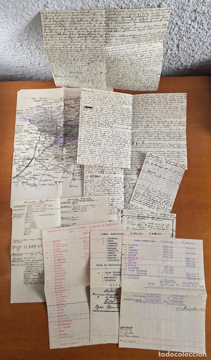 Militaria: 9 Hojas Manuscritas y 1 Mapa Balance Frentes Guerra Civil Espa&ntilde;ola 1937 Franco Rep&uacute;blica