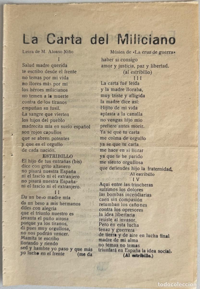 Militaria: PANFLETO CANCIONES GUERRA CIVIL - LA CARTA DEL MILICIANO - EN LOS FRENTES DE BATALLA - NO PASAR&Aacute;