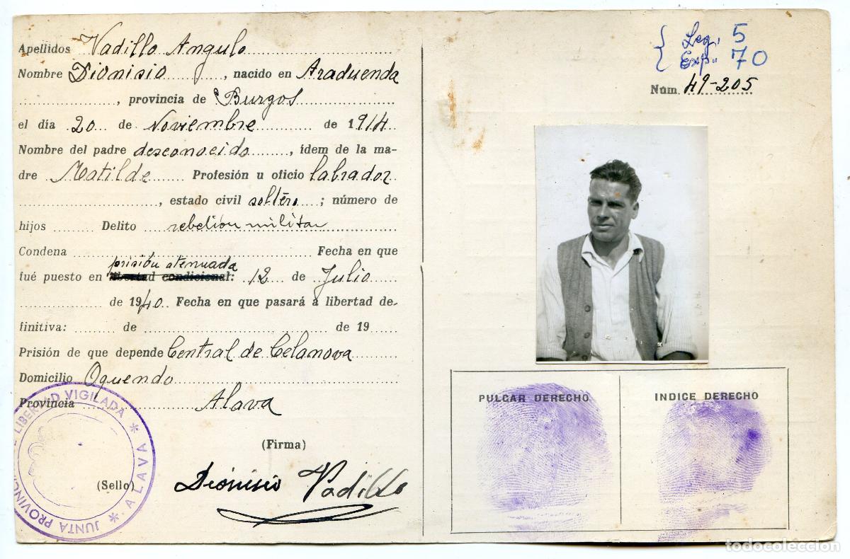 Militaria: Ficha de preso de Burgos, Guerra Civil condenado por rebeli&oacute;n militar, Junta Libertad Vigilada Alava