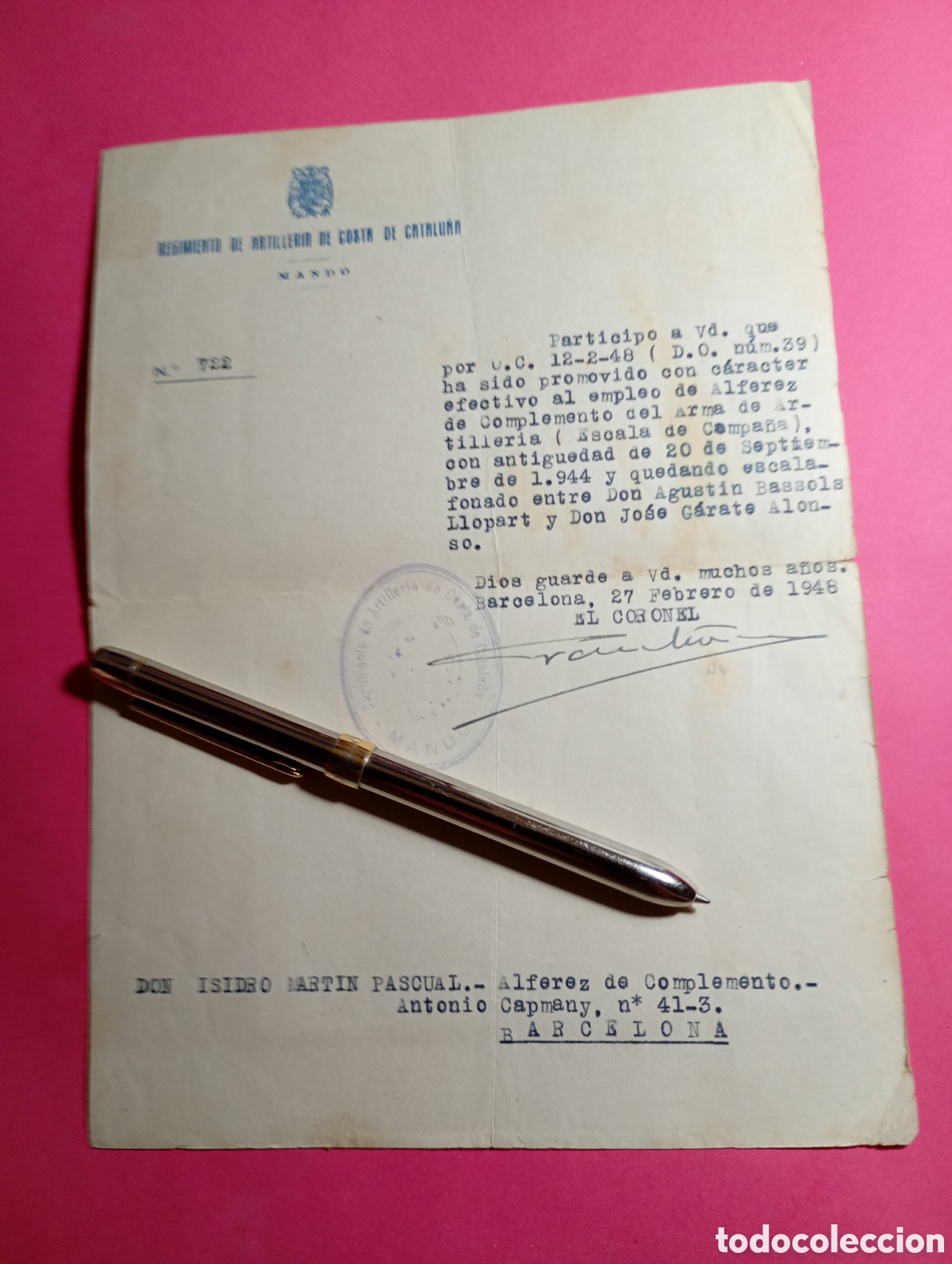 Militaria: REGIMIENTO DE ARTILLER&Iacute;A DE COSTA DE CATALU&Ntilde;A NOMBRAMIENTIO ALFEREZ COMPLEMENTO 1948 D. ISIDORO....