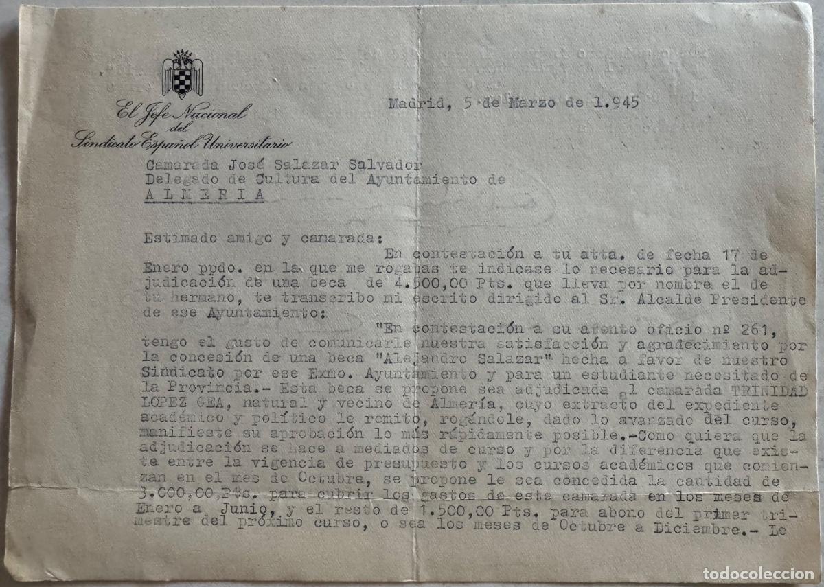 Militaria: CARTA DEL FALANGISTA CARLOS RODR&Iacute;GUEZ DE VALC&Aacute;RCEL -JEFE NACIONAL DEL SEU A DELEGADO CULTURA ALMER&Iacute;A