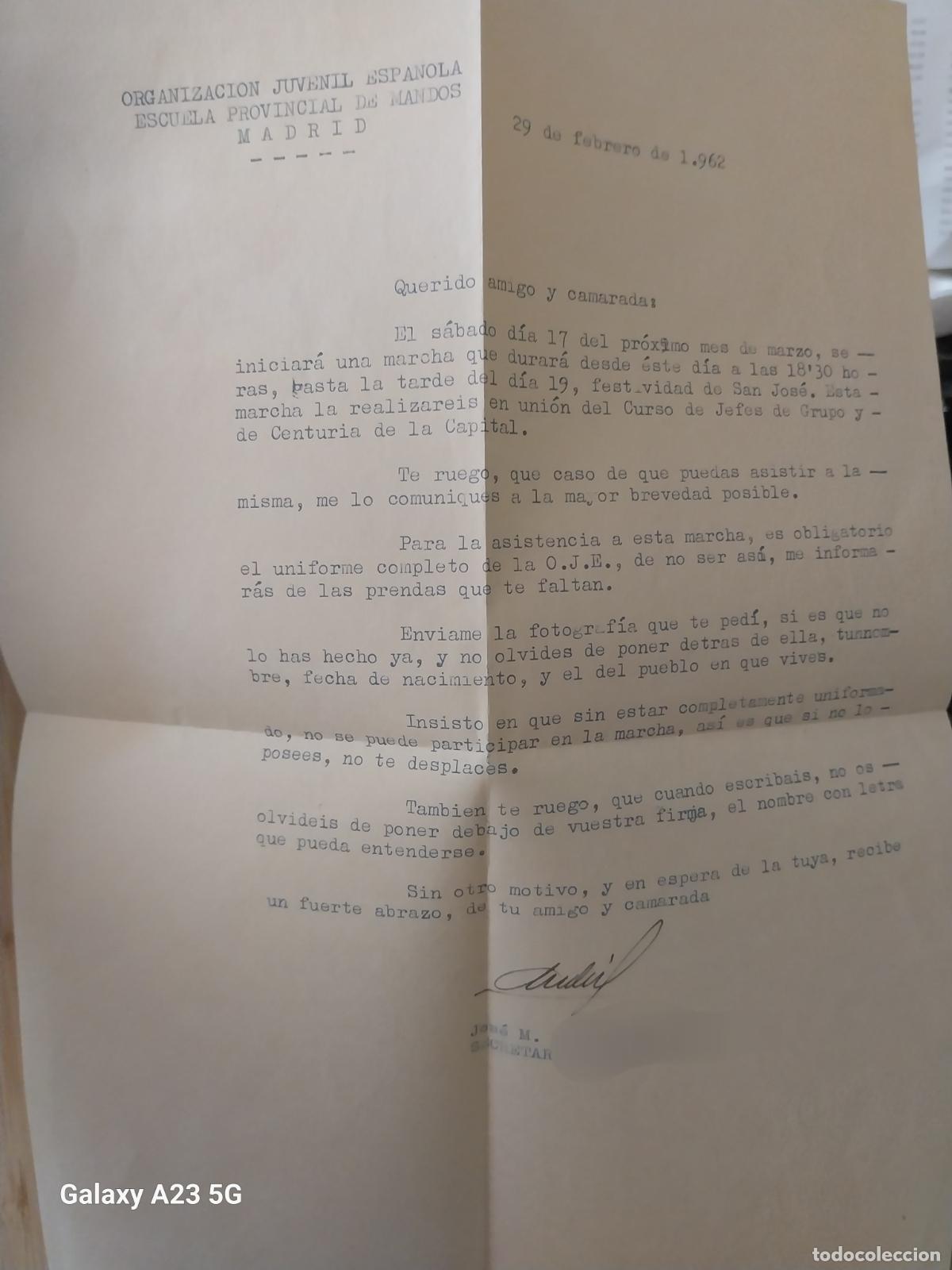 Militaria: OJE JEFE GRUPO CENTURIA ESCUELA DE MANDOS FOLIO CONFIRMACION ASISTENCIA MARCHA FEBRERO 1962