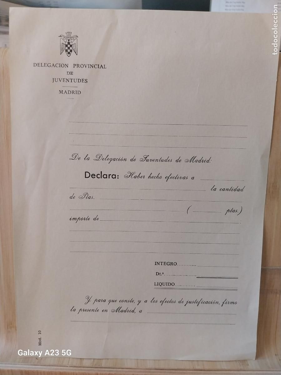 Militaria: OJE DELEGACION PROVINCIAL DE JUVENTUDES FORMULARIO DE PAGO CUARTILLA ORIGINAL SIN RELLENAR