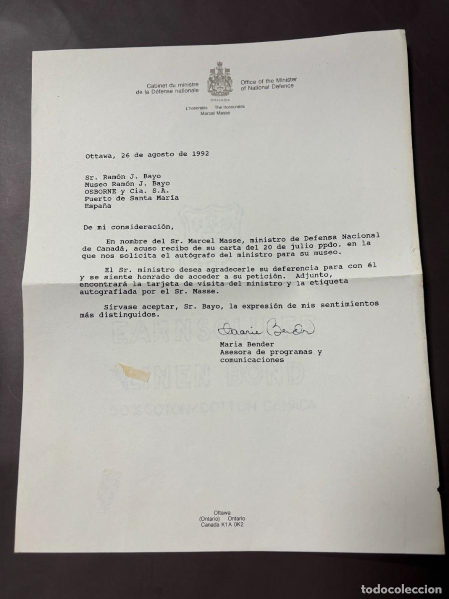 Militaria: CARTA OFICIAL DEL MINISTERIO DE DEFENSA DE CANAD&Aacute; MARCEL MASSE A RAM&Oacute;N BAYO. OTTAWA, 1992.