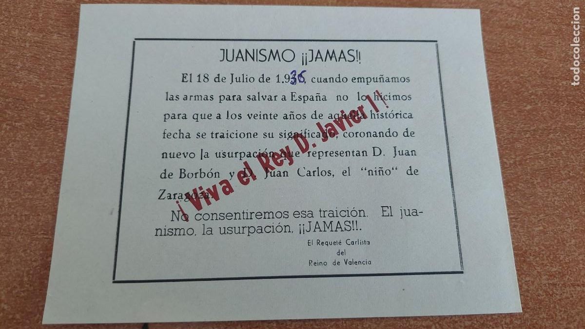 Militaria: Documento pasquin carlista viva Rey Don Javier juanillo Jamas