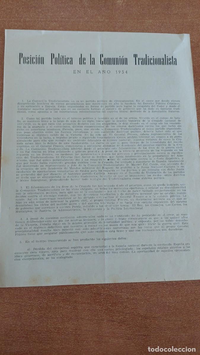 Militaria: Documento pasquin carlista posici&oacute;n pol&iacute;tica 1954